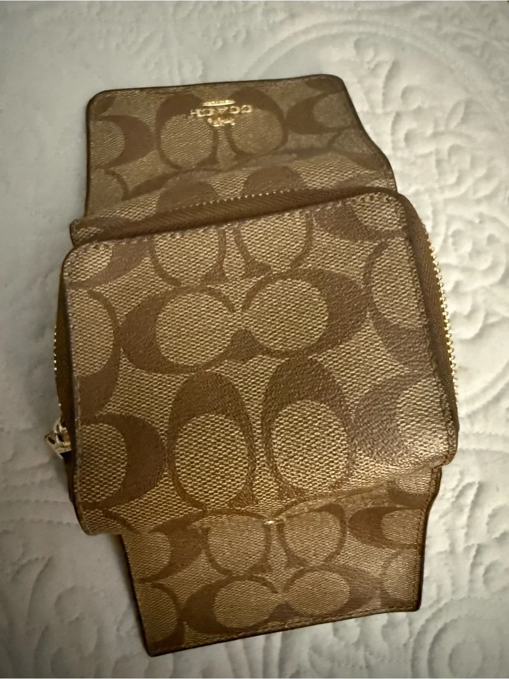 Coach Brown Signature Canvas Zip Card Case with Gold Logo